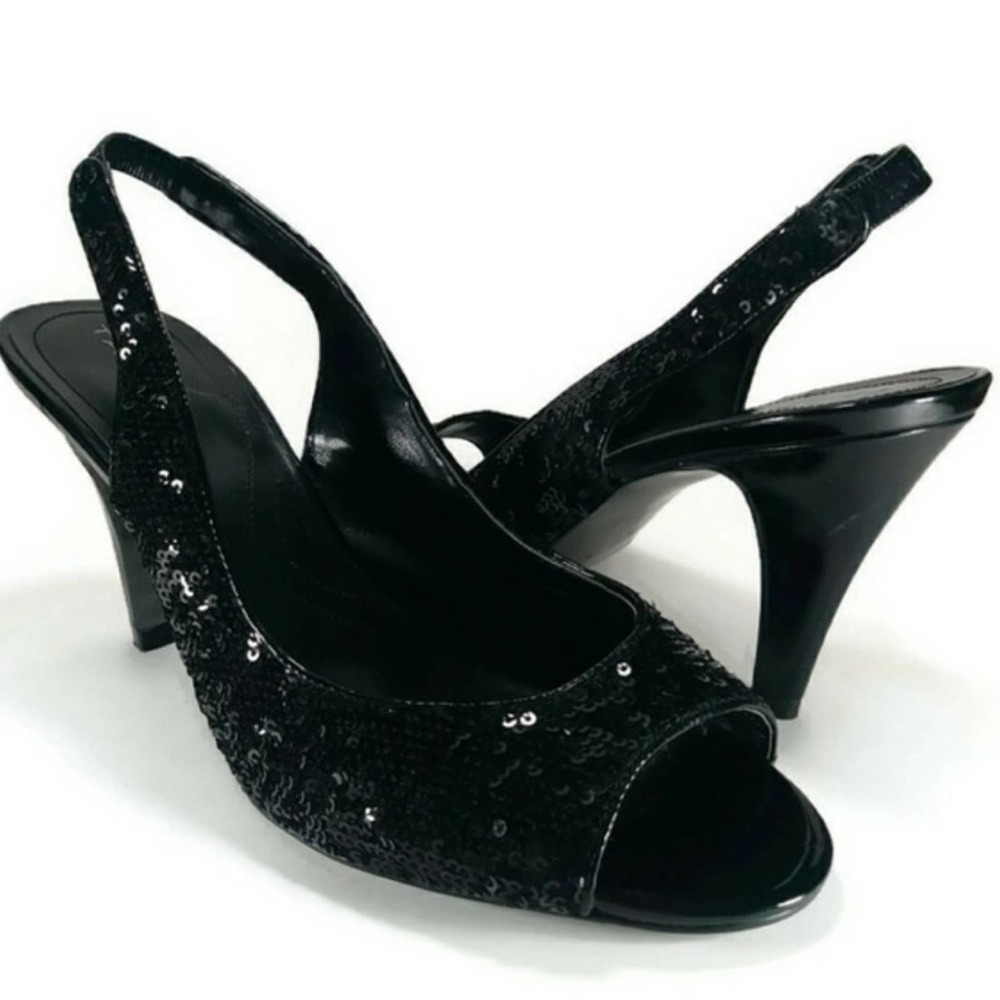TAHARI Black Sequin Peep Toe Heels